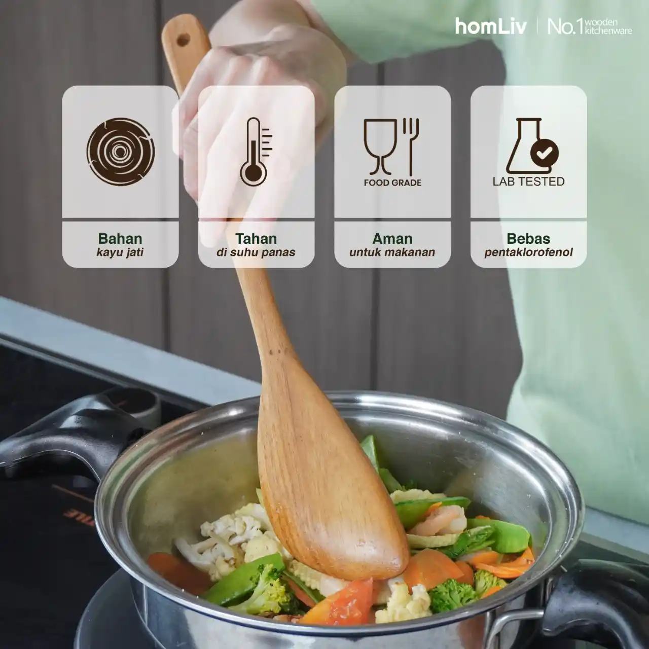 homLiv Sutil Kayu Jati Premium 35 Cm Alegra Teak Wood Alat Masak Food Grade 2