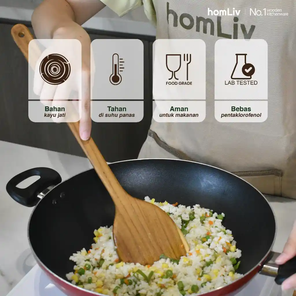 homLiv Sutil Panjang Kayu Jati 39.5 Cm Malika Alat Masak Food Grade 2