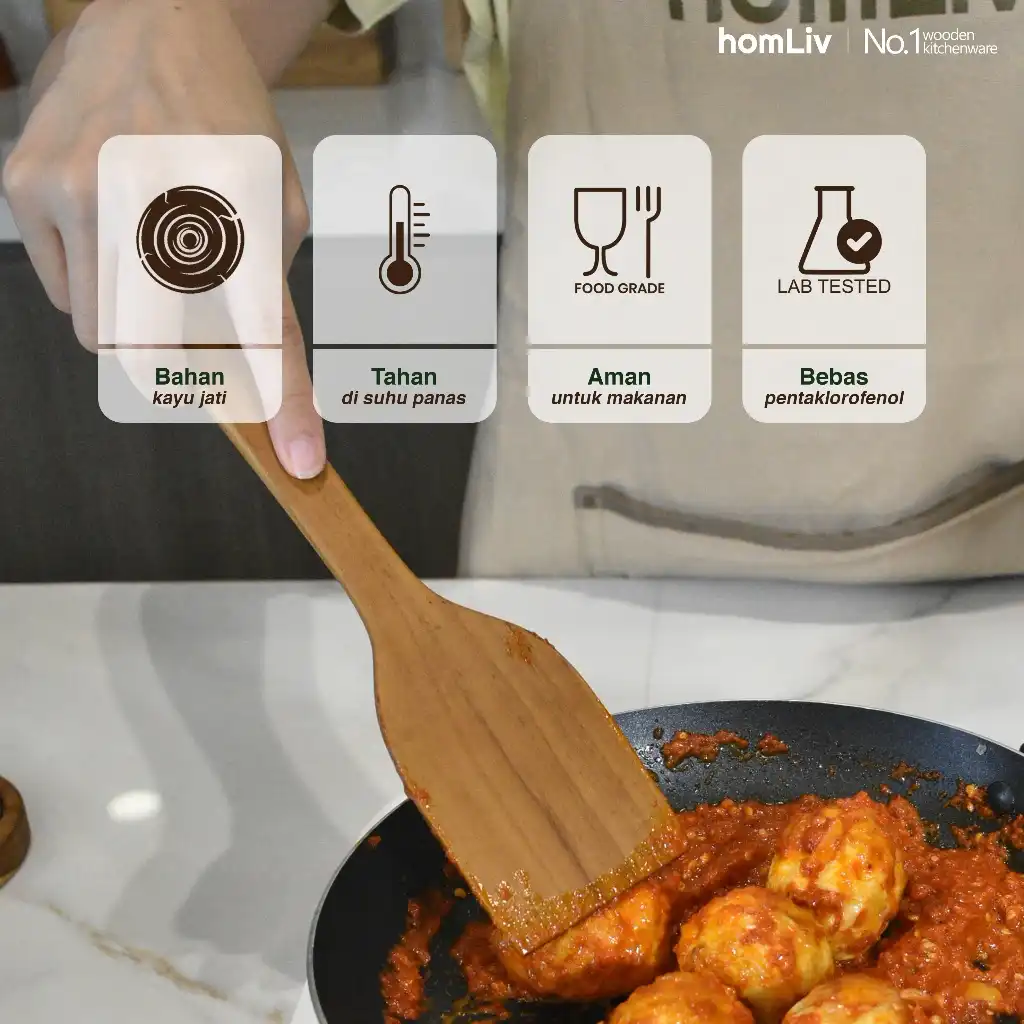 homLiv Sutil Kayu Jati Premium 28.5 Cm Maura Teak Wood Alat Masak Food Grade 2
