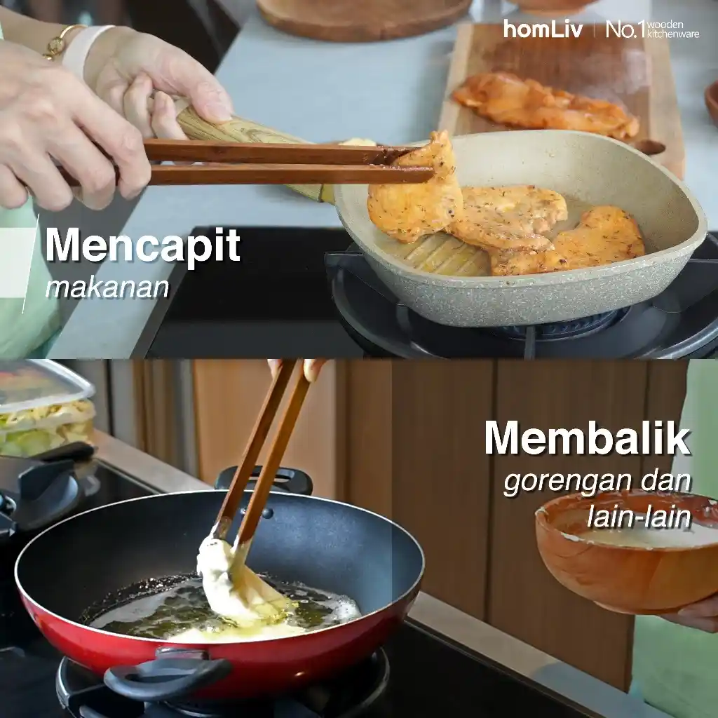 homLiv Capitan Penggoreng Makanan Tahan Panas Kayu Jati 32 Cm Tetsu Wooden Tongs Capitan Foodgrade 3