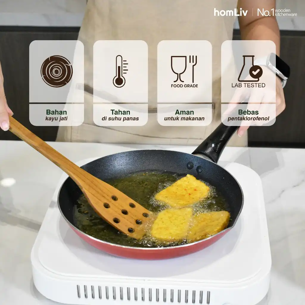 homLiv Sutil Kayu Jati 35cm Spatula Kayu Food Grade Yuka  3