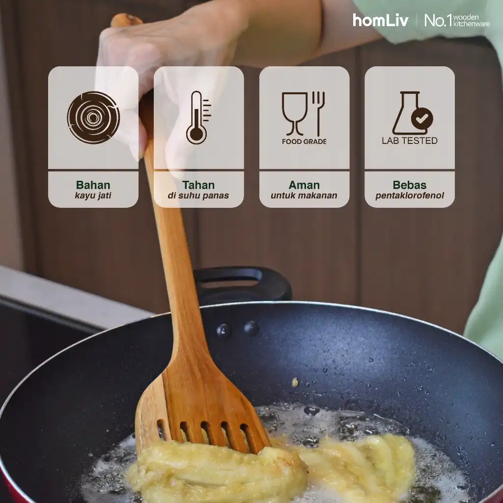 homLiv Sutil Lubang Kayu Jati 39.5 Cm Haruka Alat Masak Food Grade 07257 2