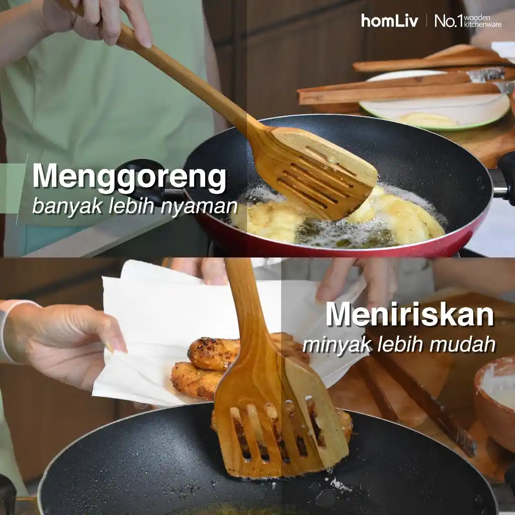 homLiv Sutil Lubang Kayu Jati 39.5 Cm Haruka Alat Masak Food Grade 07257 3