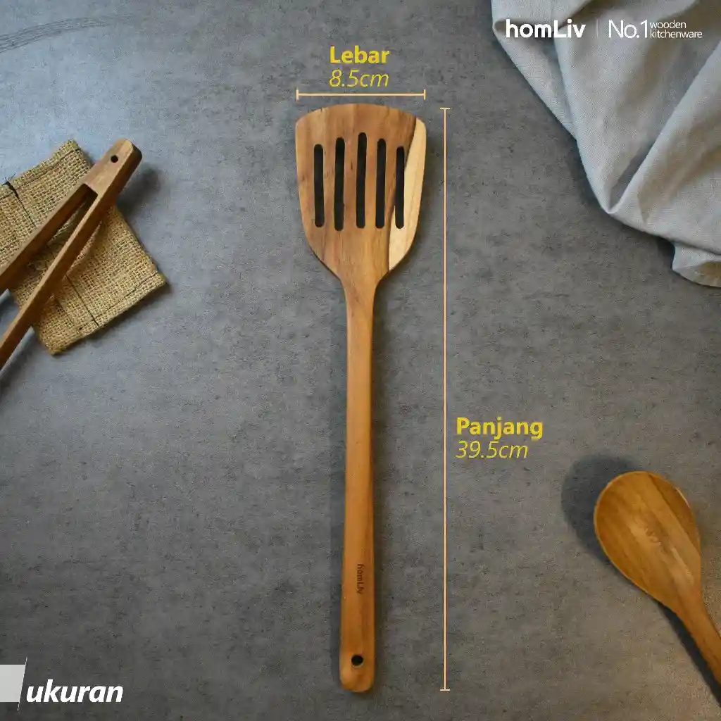 homLiv Sutil Lubang Kayu Jati 39.5 Cm Haruka Alat Masak Food Grade 07257 4