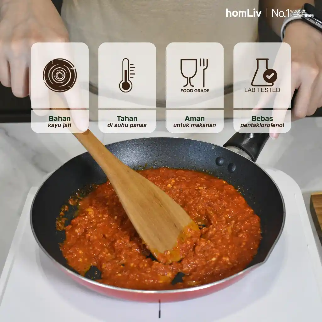 homLiv Sutil Kayu Jati Premium 28.5 Cm Leora Teak Wood Alat Masak Food Grade 2