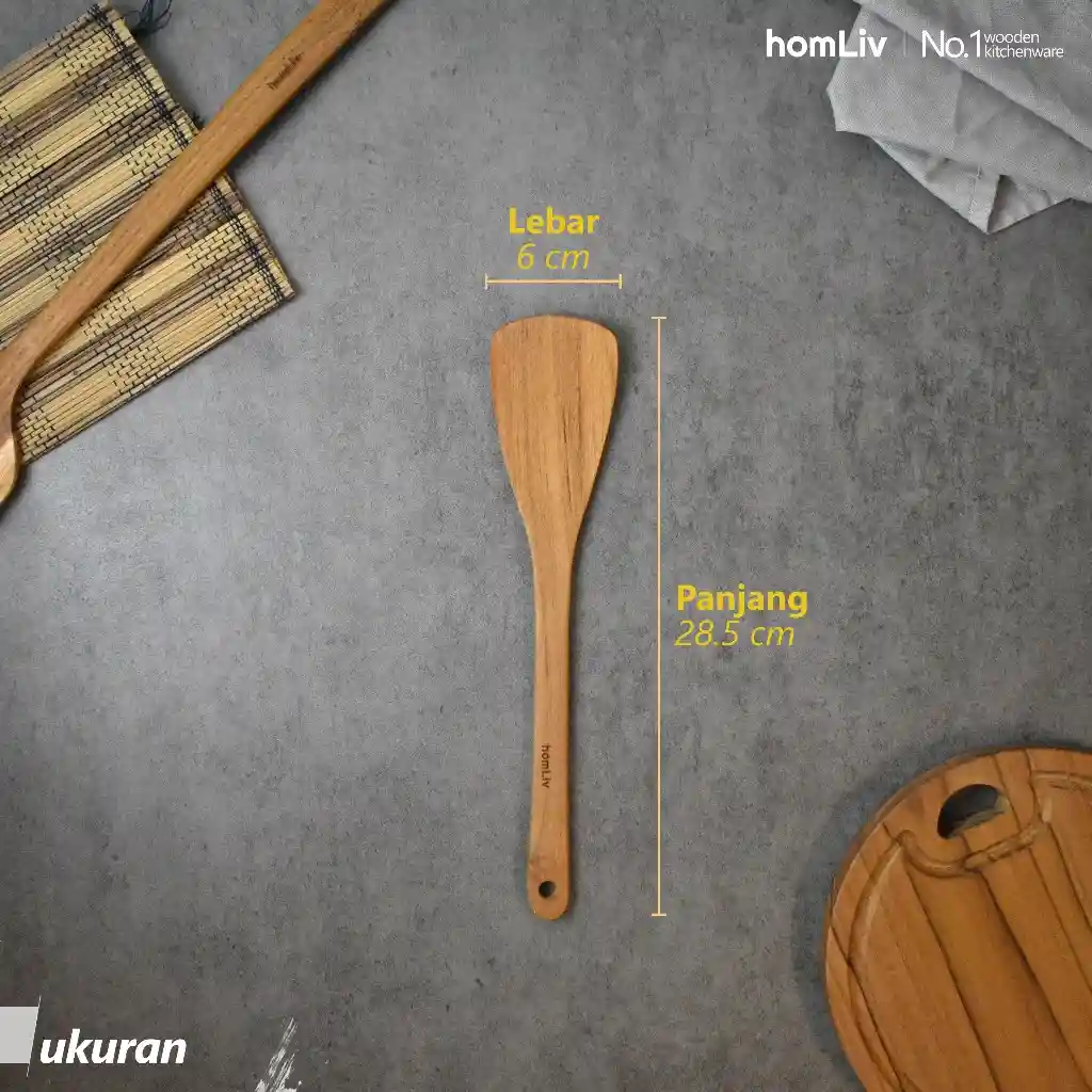 homLiv Sutil Kayu Jati Premium 28.5 Cm Leora Teak Wood Alat Masak Food Grade 4