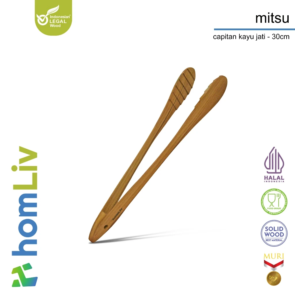 homLiv Capitan Makanan Tahan Panas Kayu Jati 30cm Mitsu Wooden Tongs Food Grade