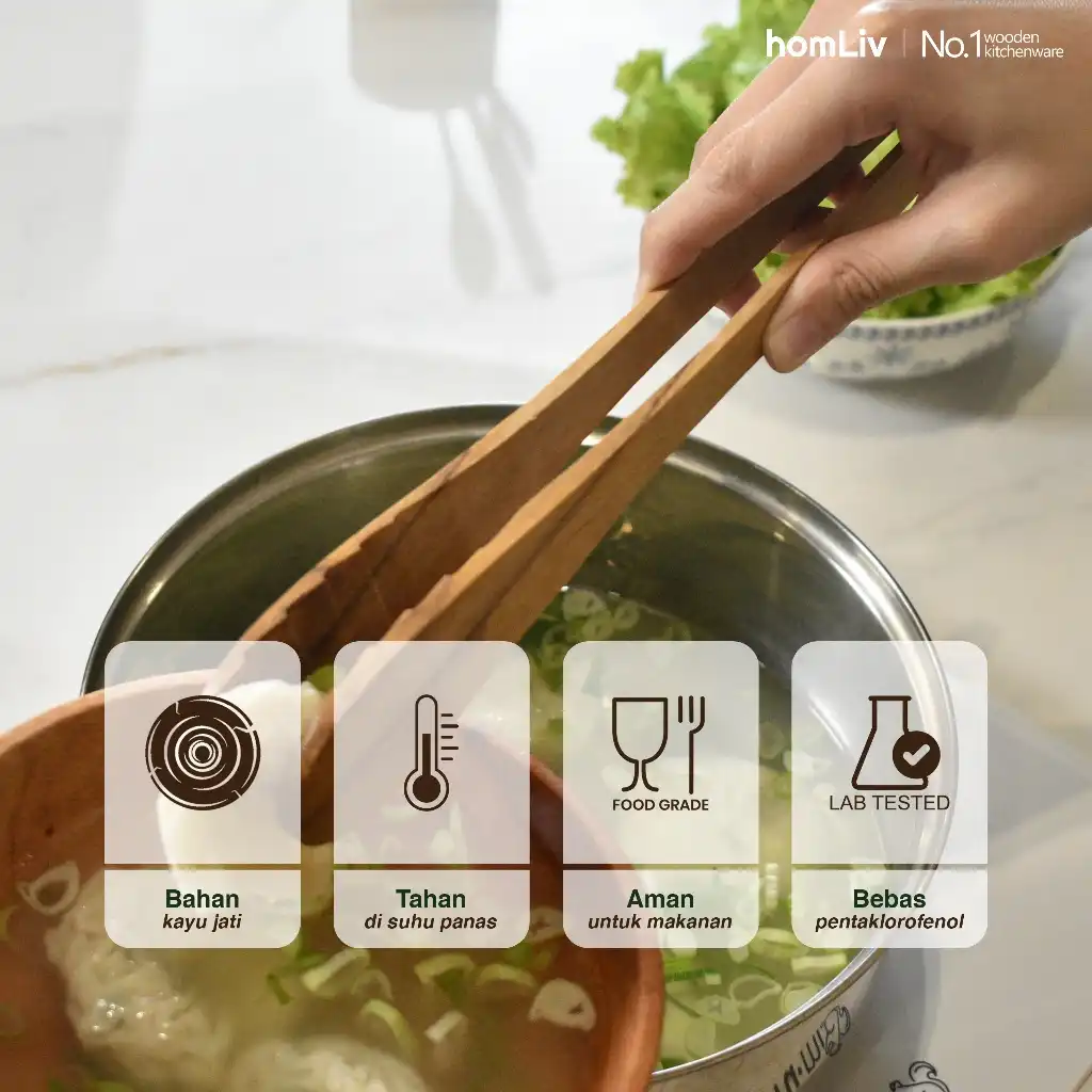 homLiv Capitan Makanan Tahan Panas Kayu Jati 30cm Mitsu Wooden Tongs Food Grade 2