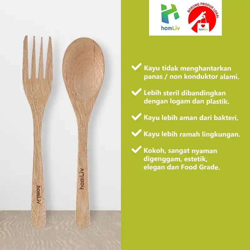 homLiv Sendok Garpu Kayu Set Carola Wooden Cutlery Serbaguna Food Grade 5