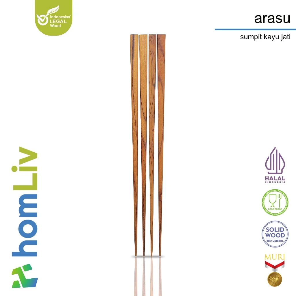 homLiv Sumpit Kayu Jati 2 Pasang Arasu Wooden Chopsticks Sumpit Makan Foodgrade 07257