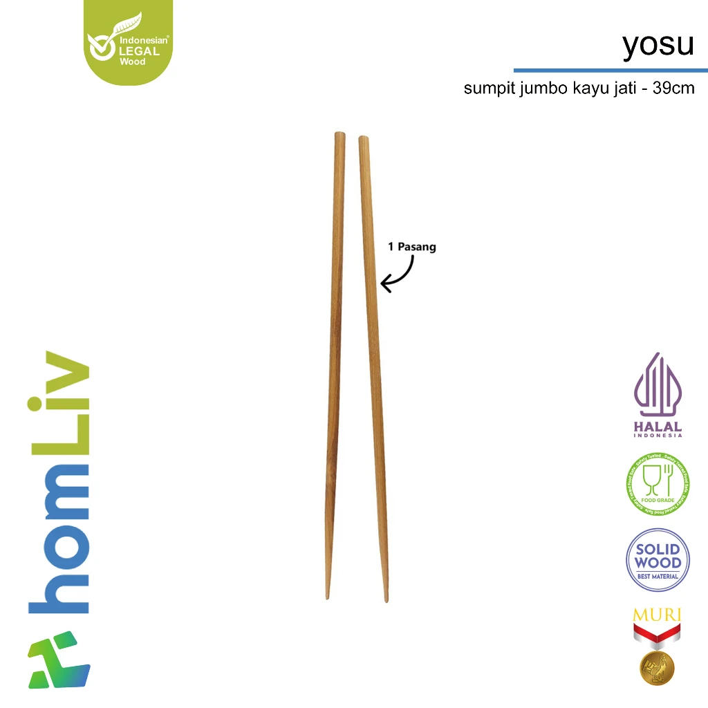 homLiv Sumpit Jumbo Kayu Jati 39 Cm Yosu Wooden Chopsticks Sumpit Makan Foodgrade HK08