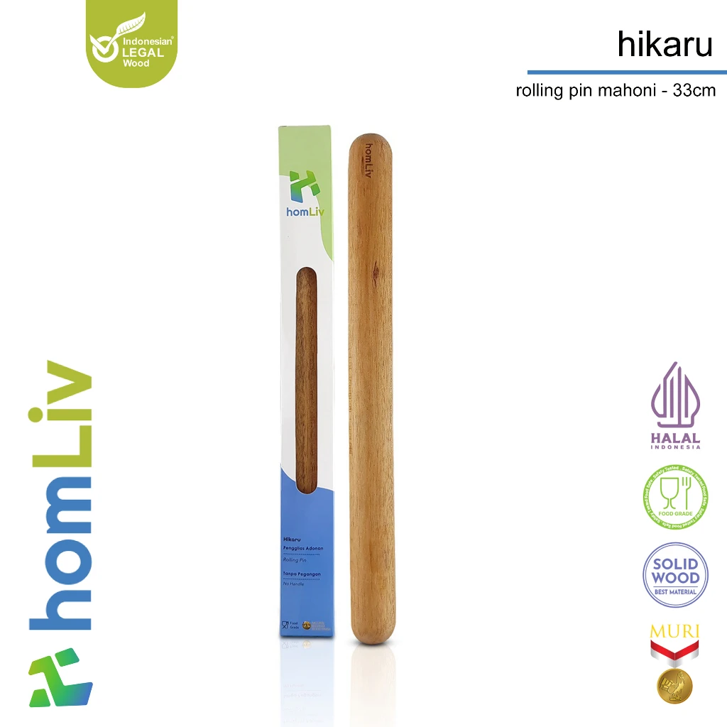 homLiv Penggiling Adonan Kayu Mahoni 33 Cm Hikaru Wooden Rolling Pin Foodgrade 07257