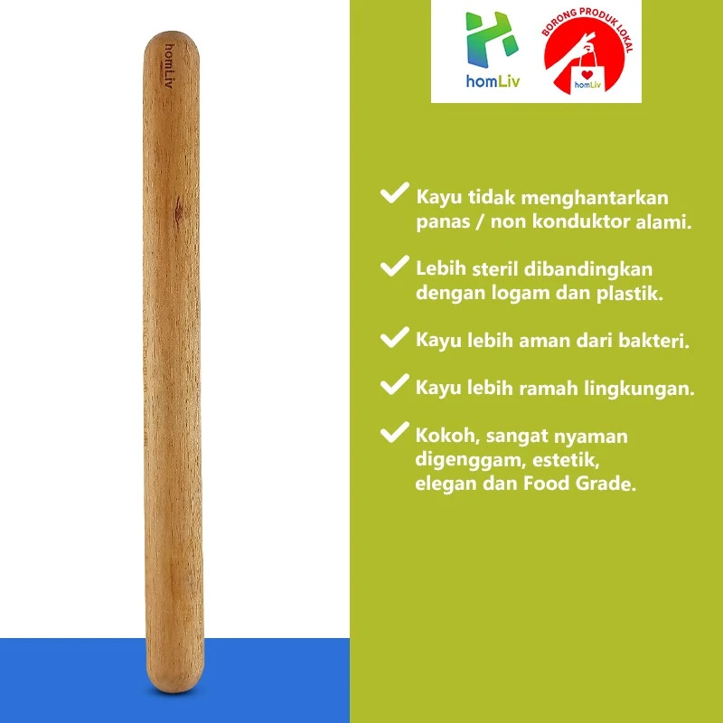homLiv Penggiling Adonan Kayu Mahoni 33 Cm Hikaru Wooden Rolling Pin Foodgrade 07257 5