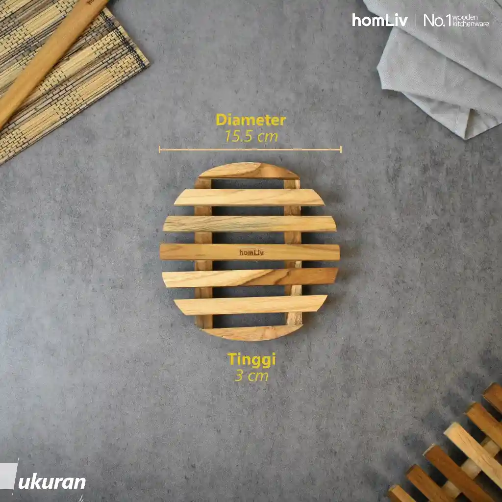 homLiv Tatakan Piring Kayu Jati 15.5 Cm Sorata Bulat Wooden Placemats Alas Panci Serbaguna HK06 4