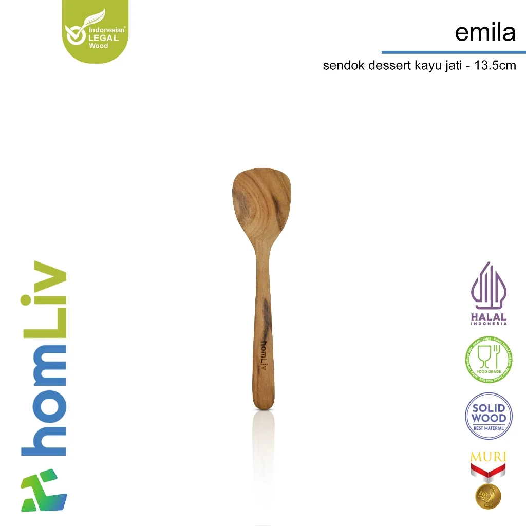 homLiv Sendok Desert Kayu Jati 13.5 Cm Emila Wooden Dessert Spoon Foodgrade 07257