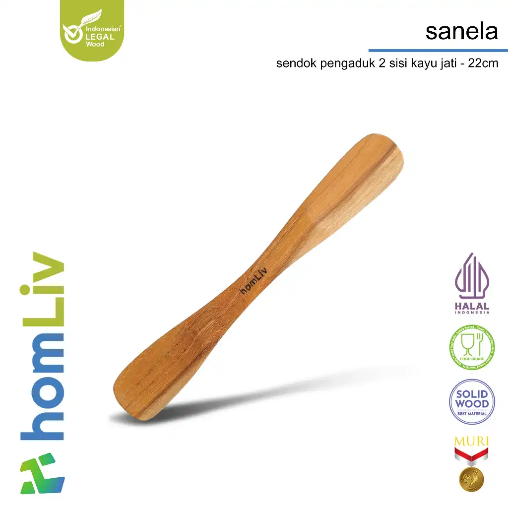 homLiv Sendok Pengaduk 2 Sisi Kayu Foodgrade 22 Cm Sanela Wooden Stirring Serbaguna 07257