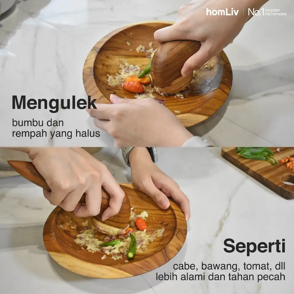 homLiv Cobek Ulekan Kayu Jati Kazuto Mortar And Pestle Food Grade 3