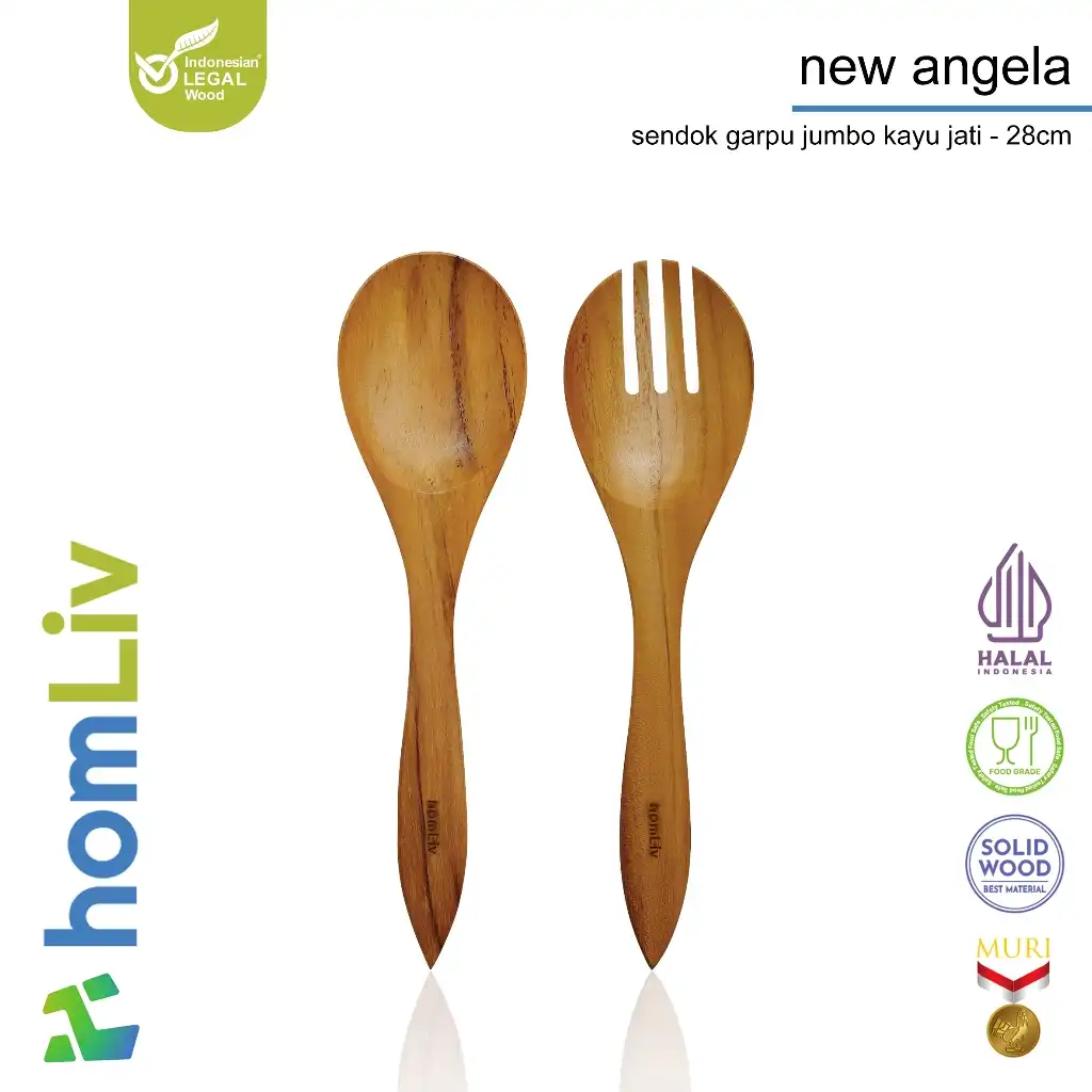 homLiv Sendok Garpu Jumbo Kayu Jati 28 Cm New Angela Wooden Jumbo Cutlery Multifungsi Food Grade