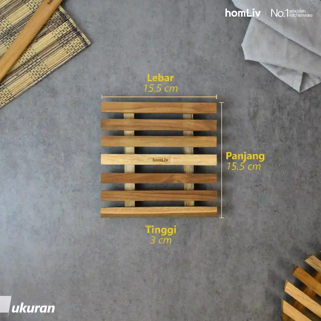  homLiv Tatakan Piring Kayu Jati 15.5 Cm Sorata Persegi Wooden Placemats Alas Panci Serbaguna HK07 4
