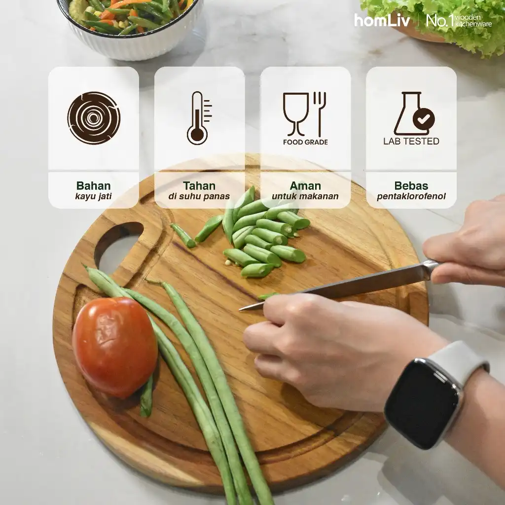 homLiv Talenan Kayu Jati Bulat Tali Air Molita Round Cutting Board 2