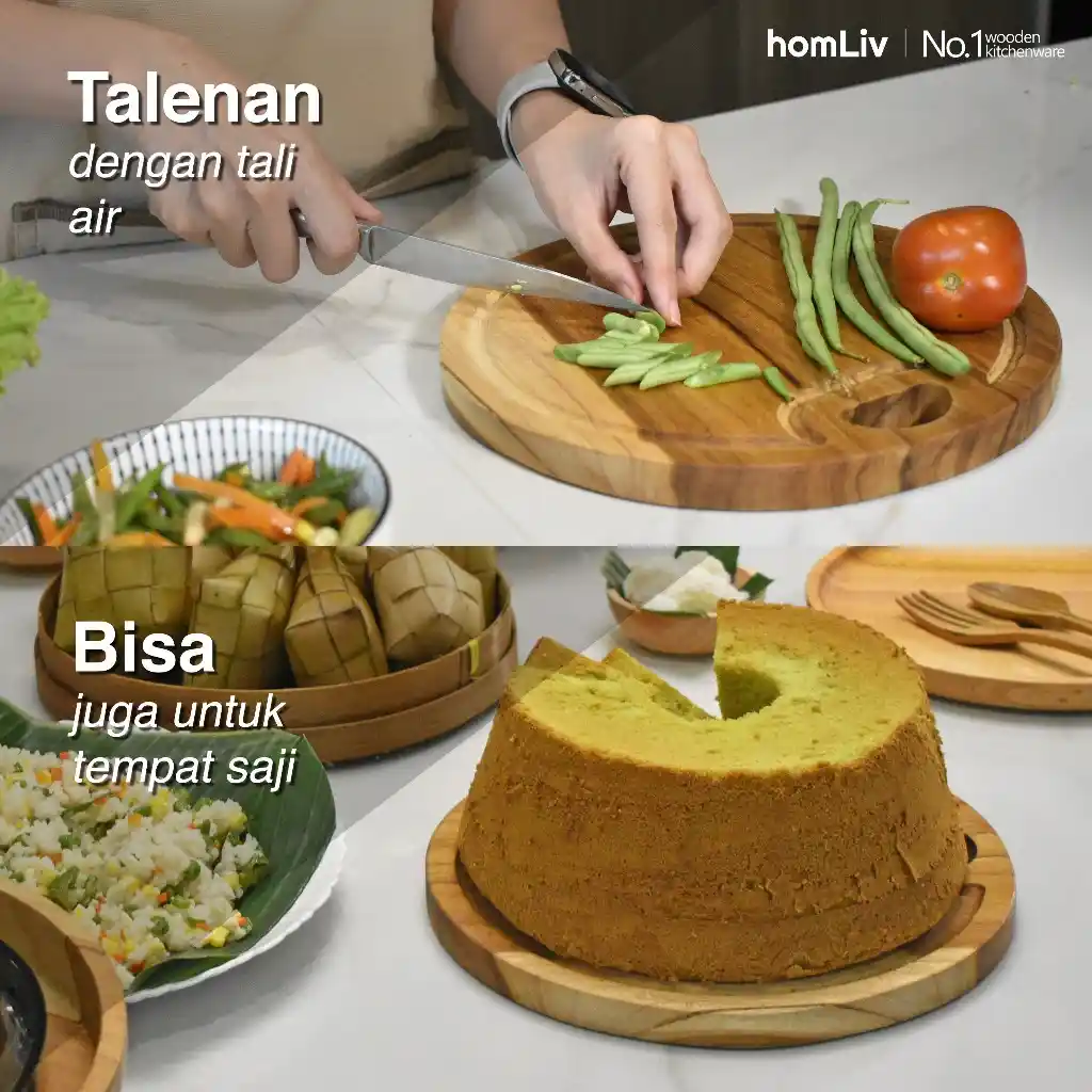 homLiv Talenan Kayu Jati Bulat Tali Air Molita Round Cutting Board 3