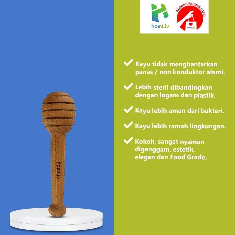 homLiv Sendok Madu Kayu Jati Bulat 15.5 Cm Emory Wooden Honey Dipper Food Grade 5