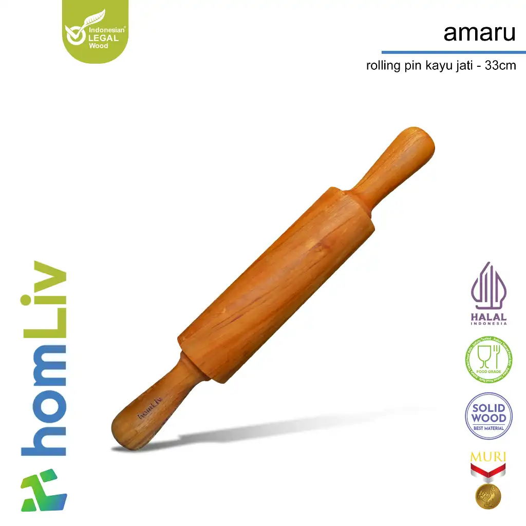 homLiv Penggiling Adonan Kayu Jati Pegangan 33 Cm Amaru Jati Wooden Roling Pin With Handle Foodgrade