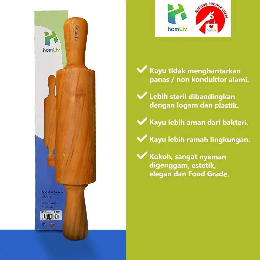 homLiv Penggiling Adonan Kayu Jati Pegangan 33 Cm Amaru Jati Wooden Roling Pin With Handle Foodgrade 5