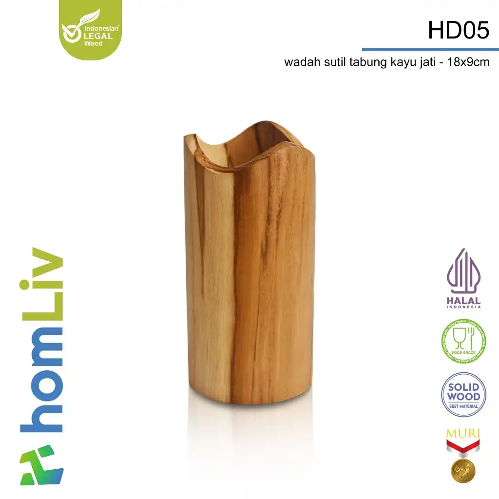 homLiv Wadah Sutil Kayu Jati dan Mahoni 18 Cm Tempat Sutil Tabung Wooden Spatula Holder