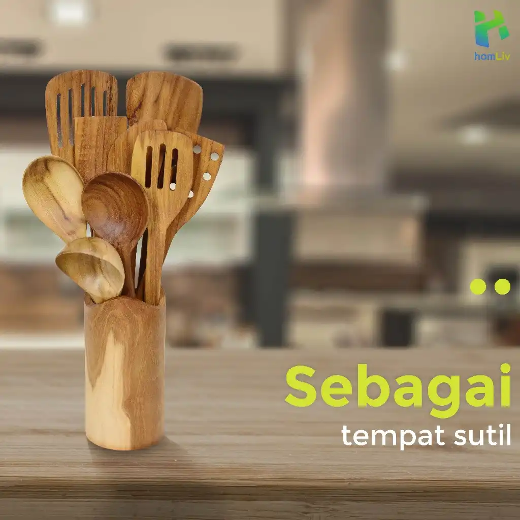 homLiv Wadah Sutil Kayu Jati dan Mahoni 18 Cm Tempat Sutil Tabung Wooden Spatula Holder 2