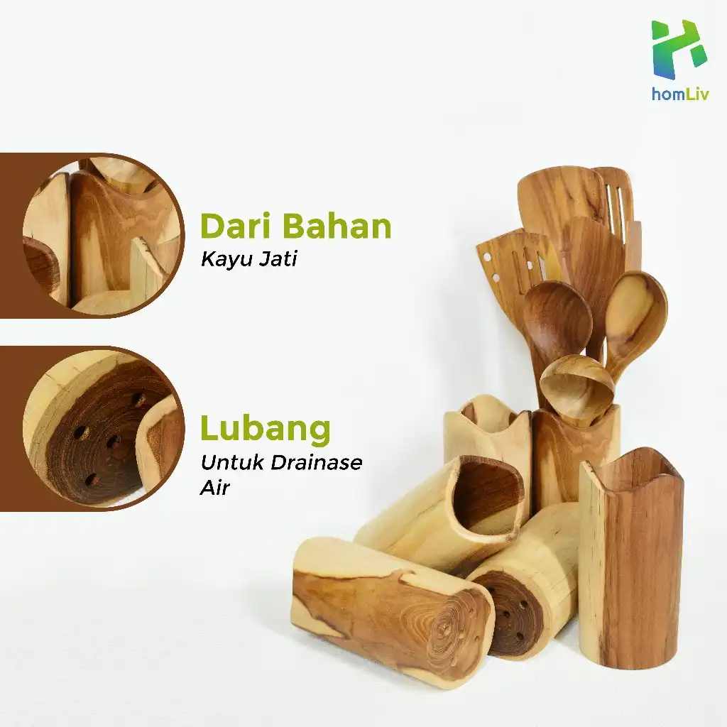 homLiv Wadah Sutil Kayu Jati dan Mahoni 18 Cm Tempat Sutil Tabung Wooden Spatula Holder 3
