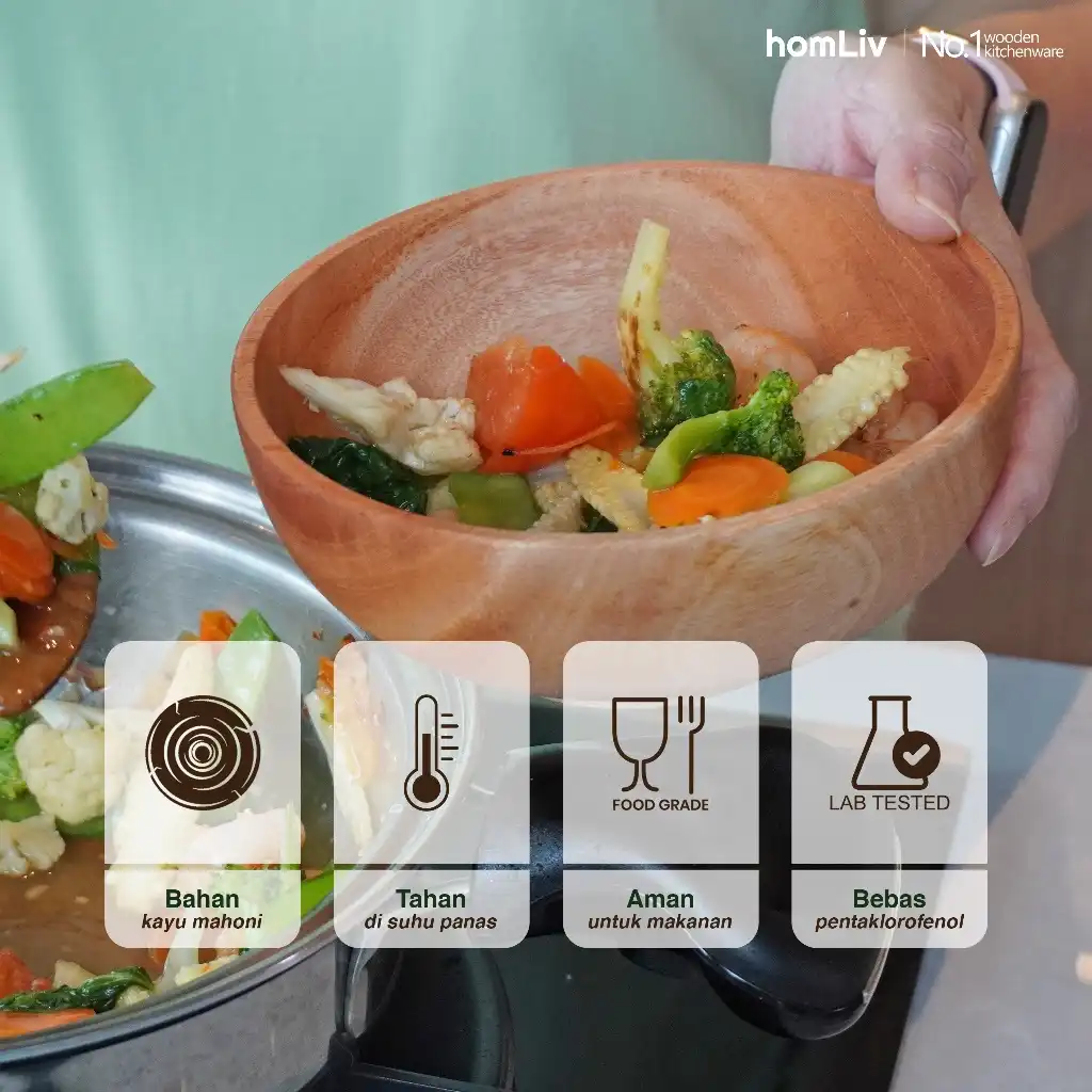 homLiv Mangkok Kayu Mahoni Hiroshi Tempat Makan Wooden Bowl Food Grade 2