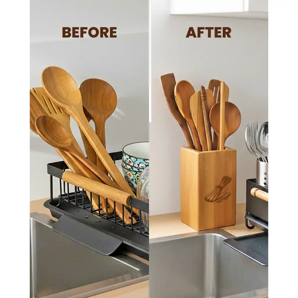 homLiv Wadah Sutil Kayu Jati Tempat Sutil Persegi Panjang Box Wooden Spatula Holder 7