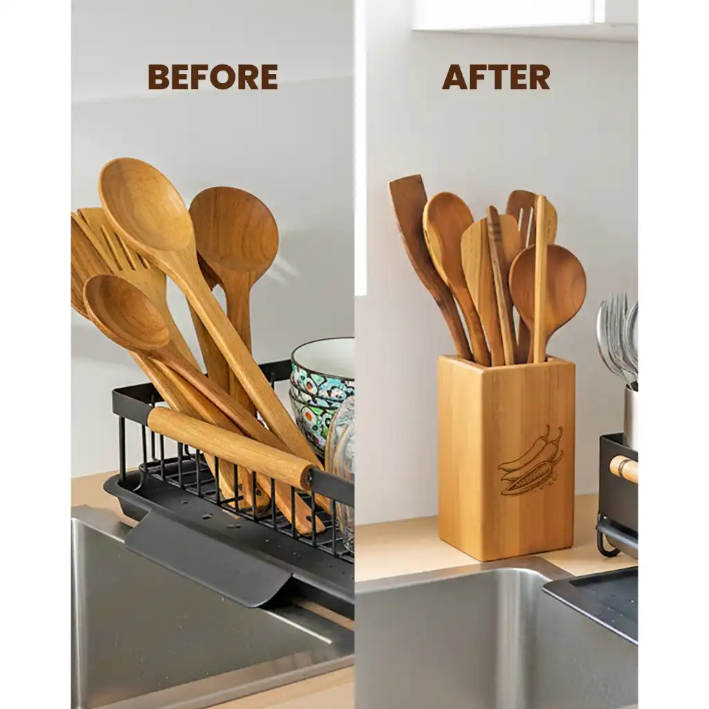 homLiv Wadah Sutil Kayu Jati Tempat Sutil Persegi Panjang Box Wooden Spatula Holder 8