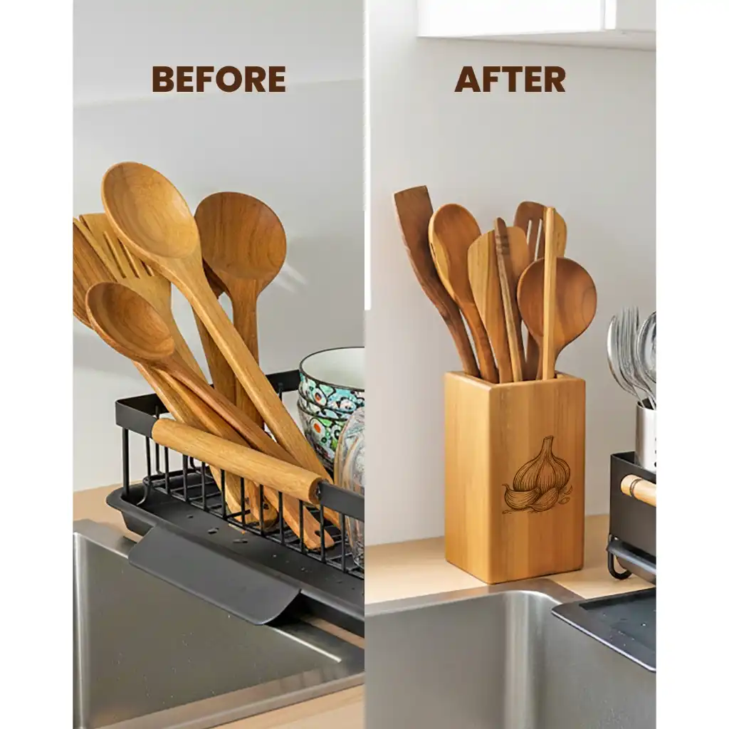 homLiv Wadah Sutil Kayu Jati Tempat Sutil Persegi Panjang Box Wooden Spatula Holder 9