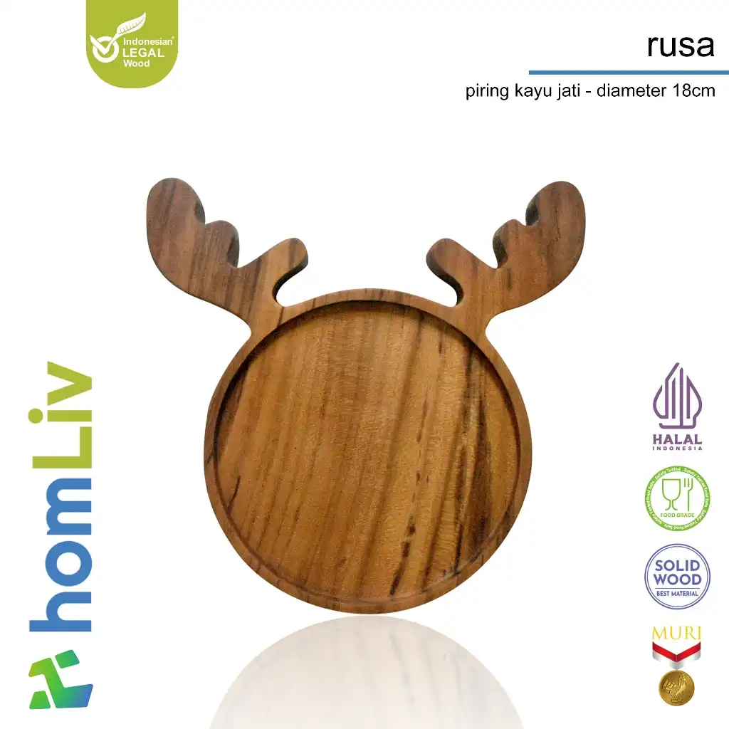 homLiv Piring Makan Anak Bulat Kayu Jati Dengan Tanduk Rusa - Wooden Plate Food Grade