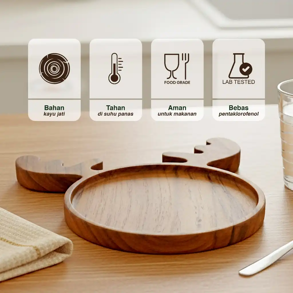 homLiv Piring Makan Anak Bulat Kayu Jati Dengan Tanduk Rusa - Wooden Plate Food Grade 2