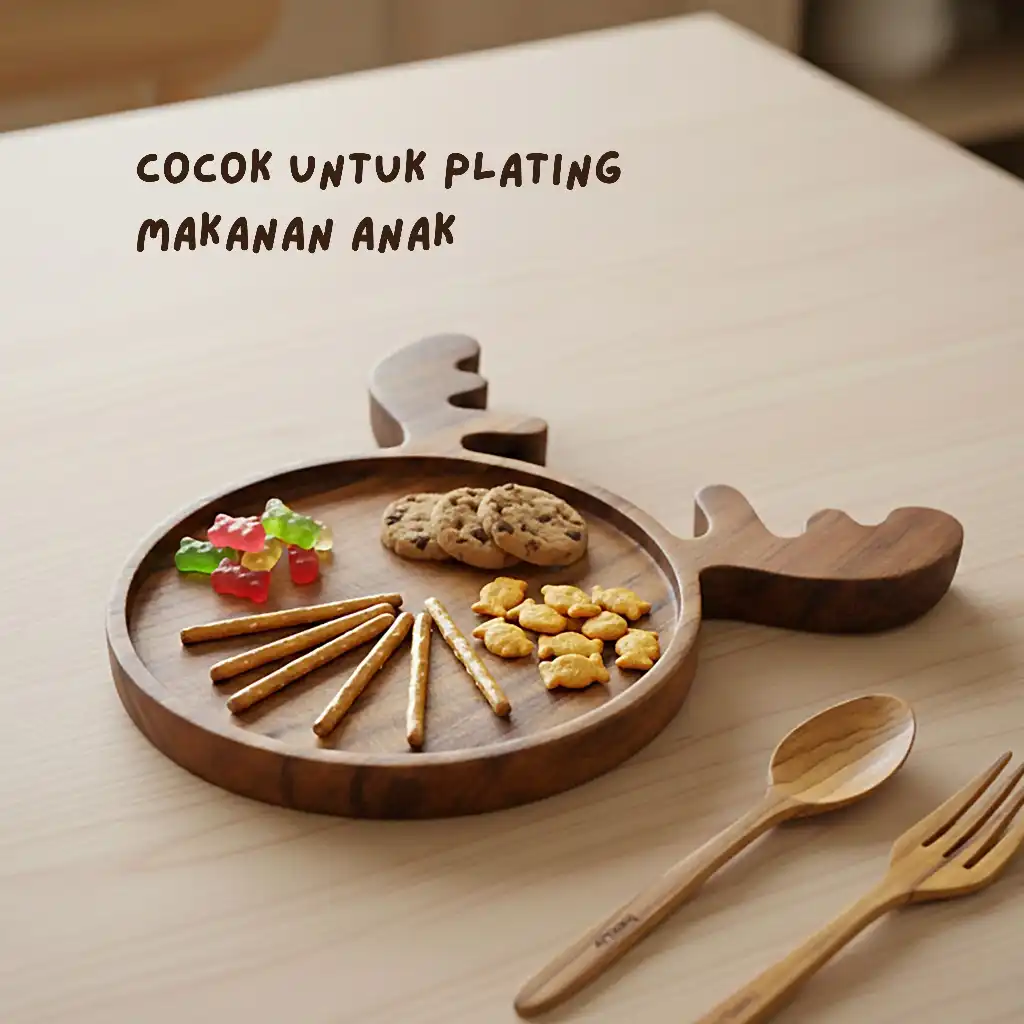 homLiv Piring Makan Anak Bulat Kayu Jati Dengan Tanduk Rusa - Wooden Plate Food Grade 3
