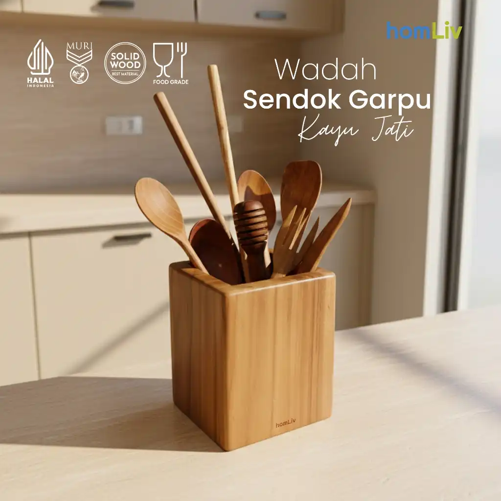homLiv Tempat Sendok Garpu Wadah Kayu Jati Persegi Box Wooden Cutleries Holder