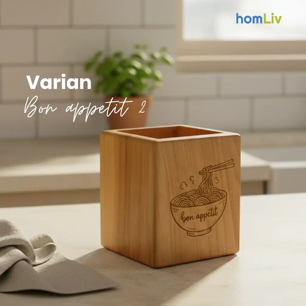 homLiv Tempat Sendok Garpu Wadah Kayu Jati Persegi Box Wooden Cutleries Holder 3