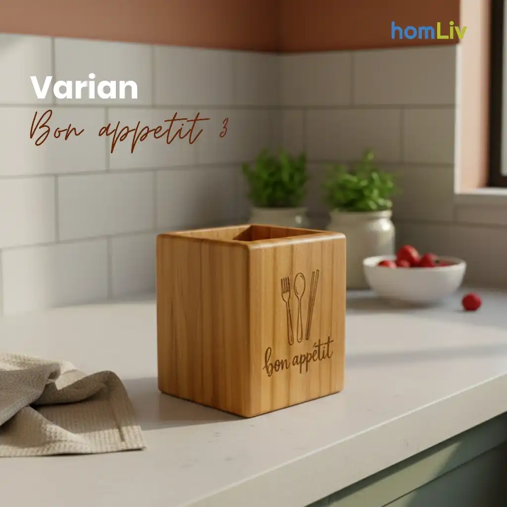 homLiv Tempat Sendok Garpu Wadah Kayu Jati Persegi Box Wooden Cutleries Holder 4